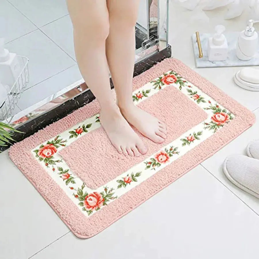 Non-Skid Floral Rose Bathroom Contour Rugs, Set of 2 Soft Shaggy Non Slip Bath Shower Mat and U-Shaped Toilet Floor Rugs from PriceLows™
