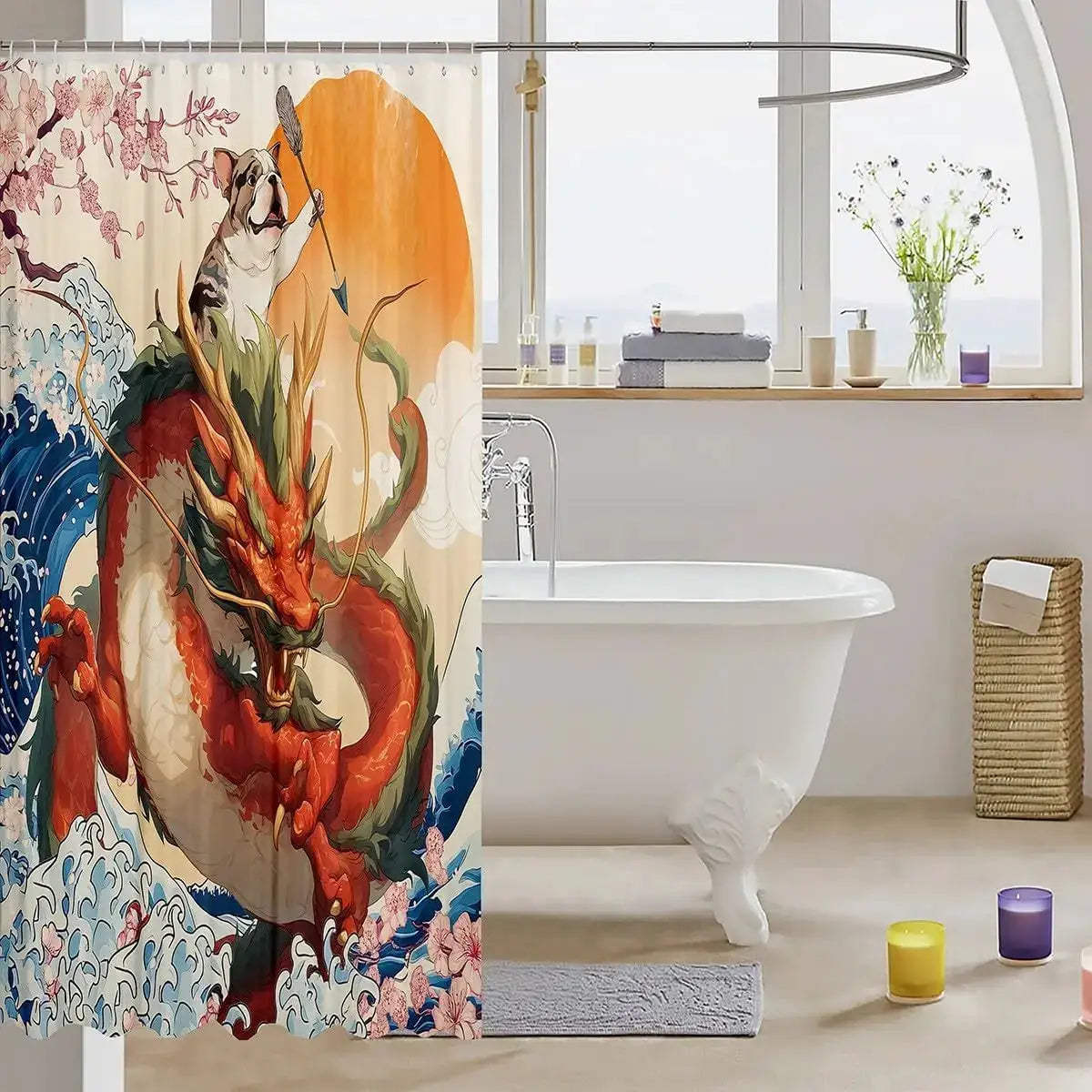 Japanese Style Shower Curtain Fun Dog Dragon Waterproof Bathroom Curtain for Kids Children, Sea Ocean Wave Bath Curtain Kawaii from PriceLows™