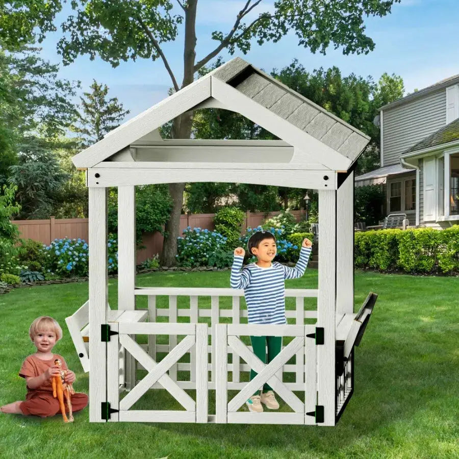 Outdoor Playhouse for Wooden Playhouse with Bench and Door Brown Durable Natural Wood Design for Backyard Fun from PriceLows™