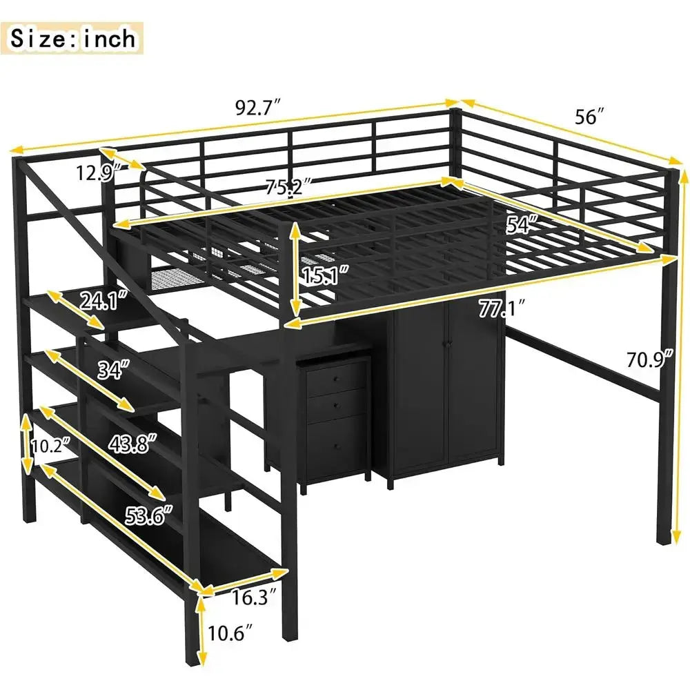 Full-Size Metal Loft Bed with Stairs, Wardrobe, Storage, Desk and Drawers Cabinet for Kids, Teens, and Adults in Black from PriceLows™
