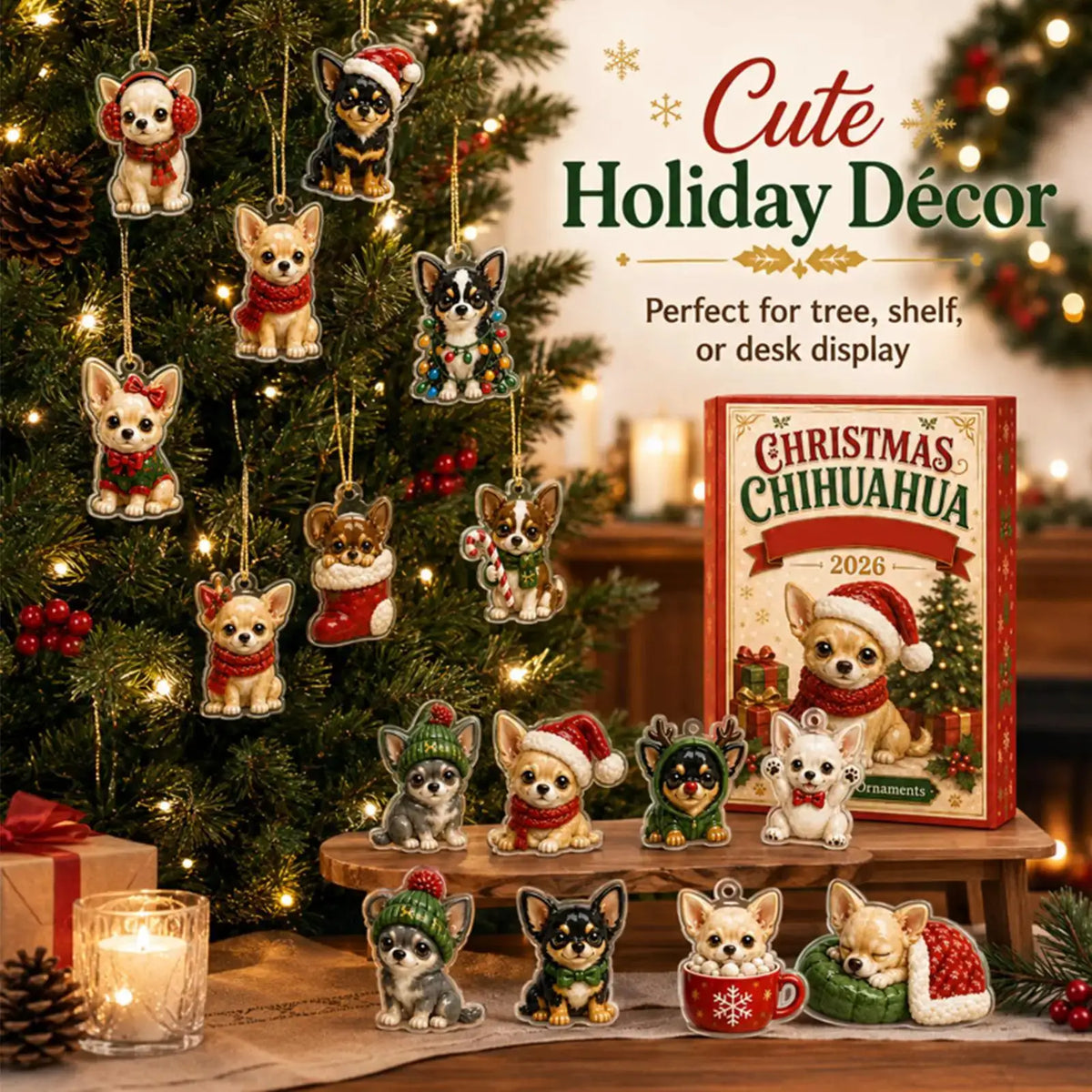 Chihuahua Advent Calendars | 24 Day Countdown | Flat Acrylic | Ornament Set