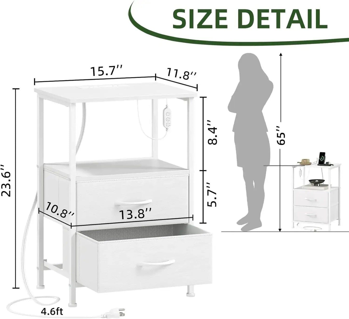 Set of 2 Nightstands with Charging Station, LED Lights, and Fabric Drawers for Bedroom in White Leather from PriceLows™