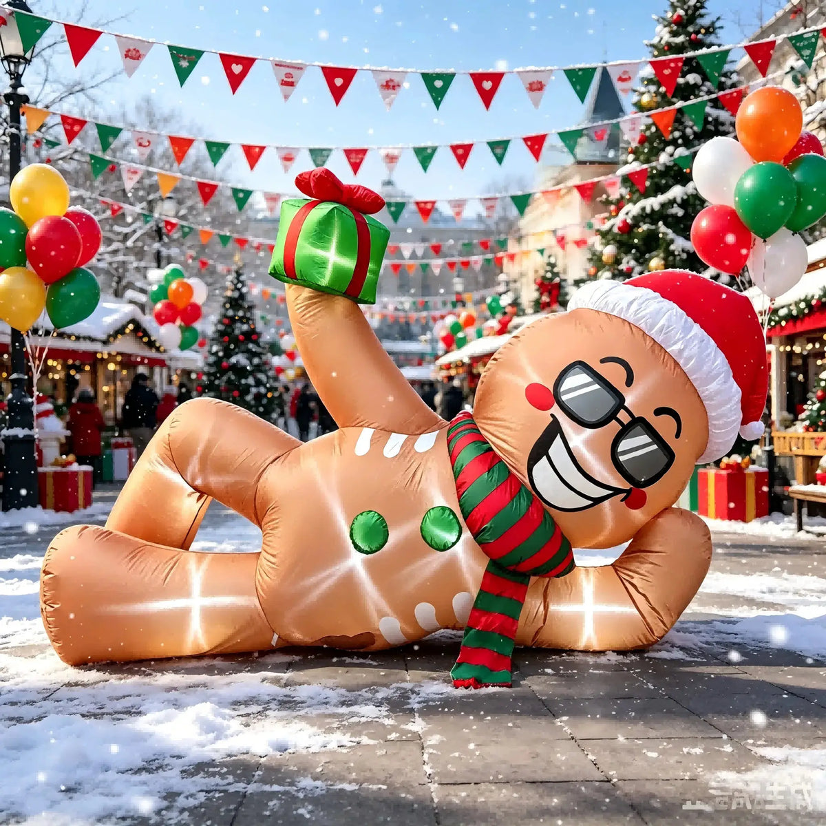 Christmas Inflatable Lying Gingerbread Man | Sunglasses | 9.5 FT LED Lights