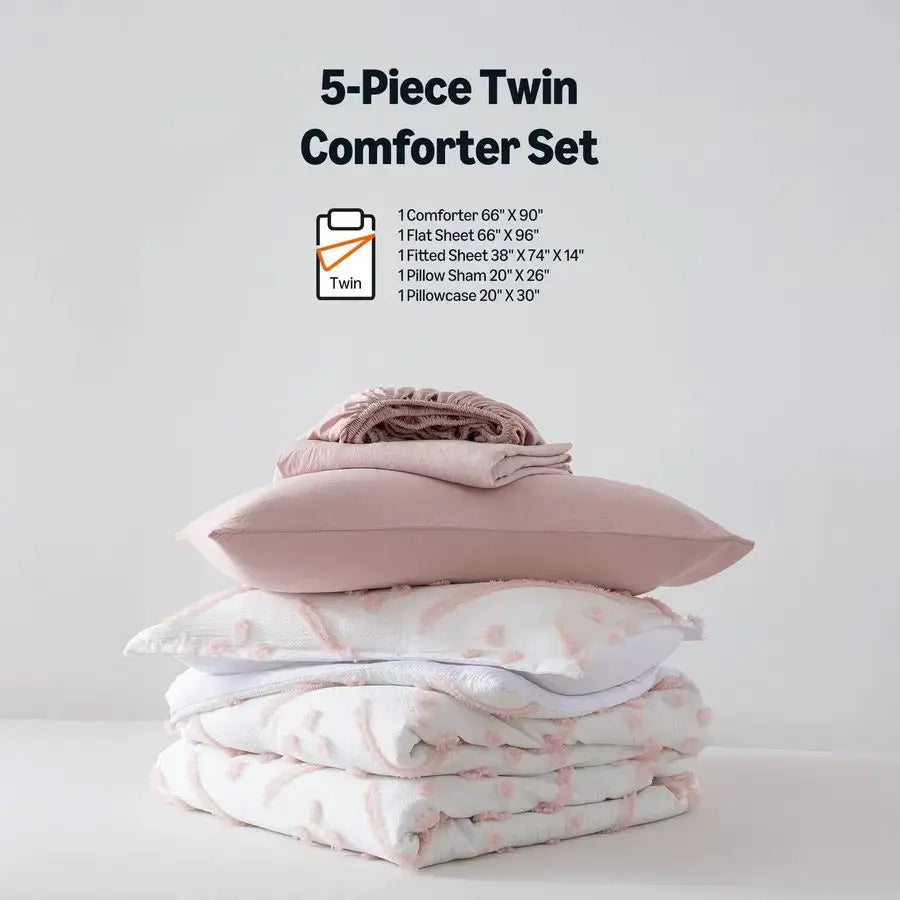 5Piece Kids BedinaBag, Jacquard Microfiber Bedding Set with Comforter, Sheets, and Pillowcases, AllSeason, Pink Tufted, Twin from PriceLows™