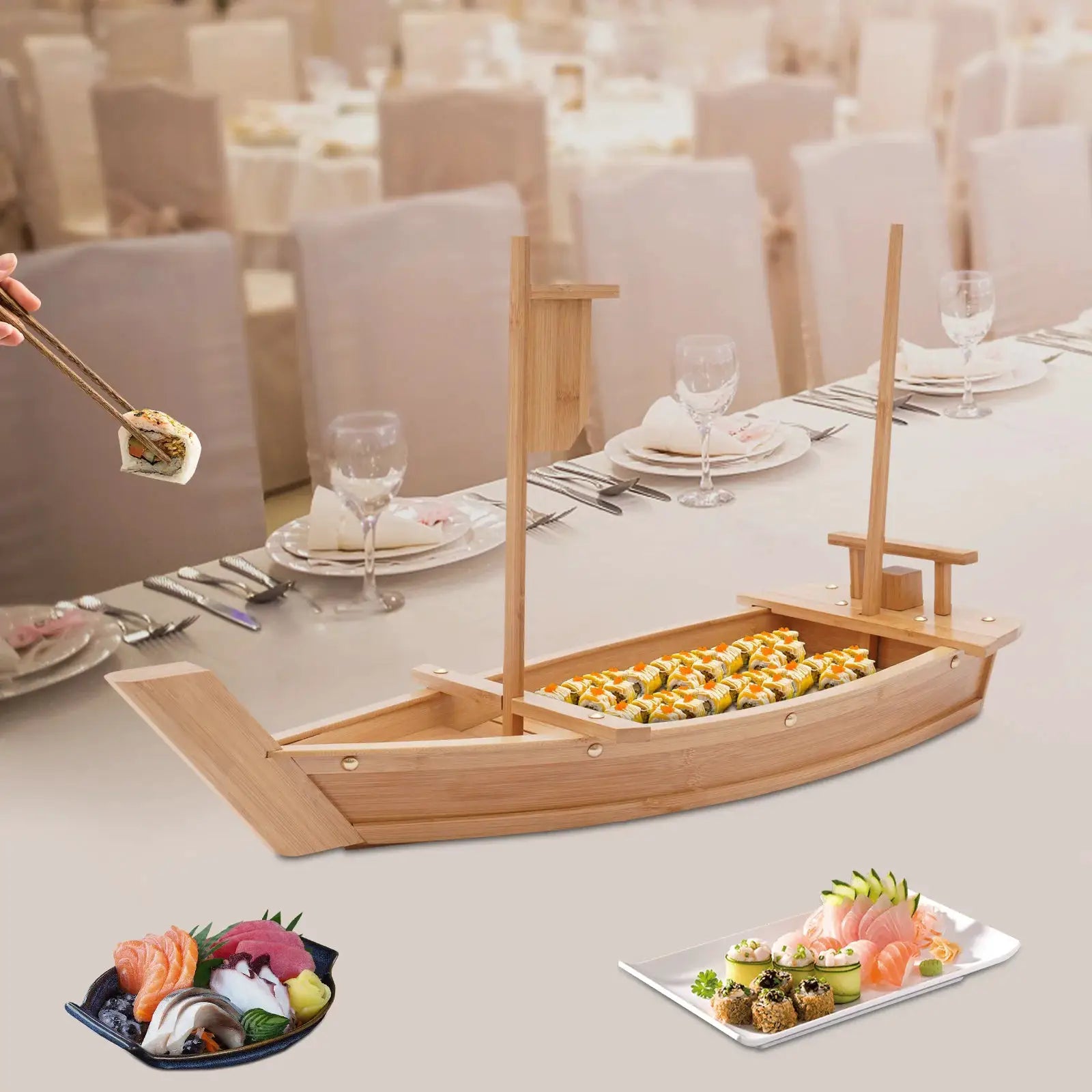 Sushi Boat Serving Tray 28in Large Size Bamboo Boat-Shaped Sushi Serving Tray for Party Buffet Dinner from PriceLows™