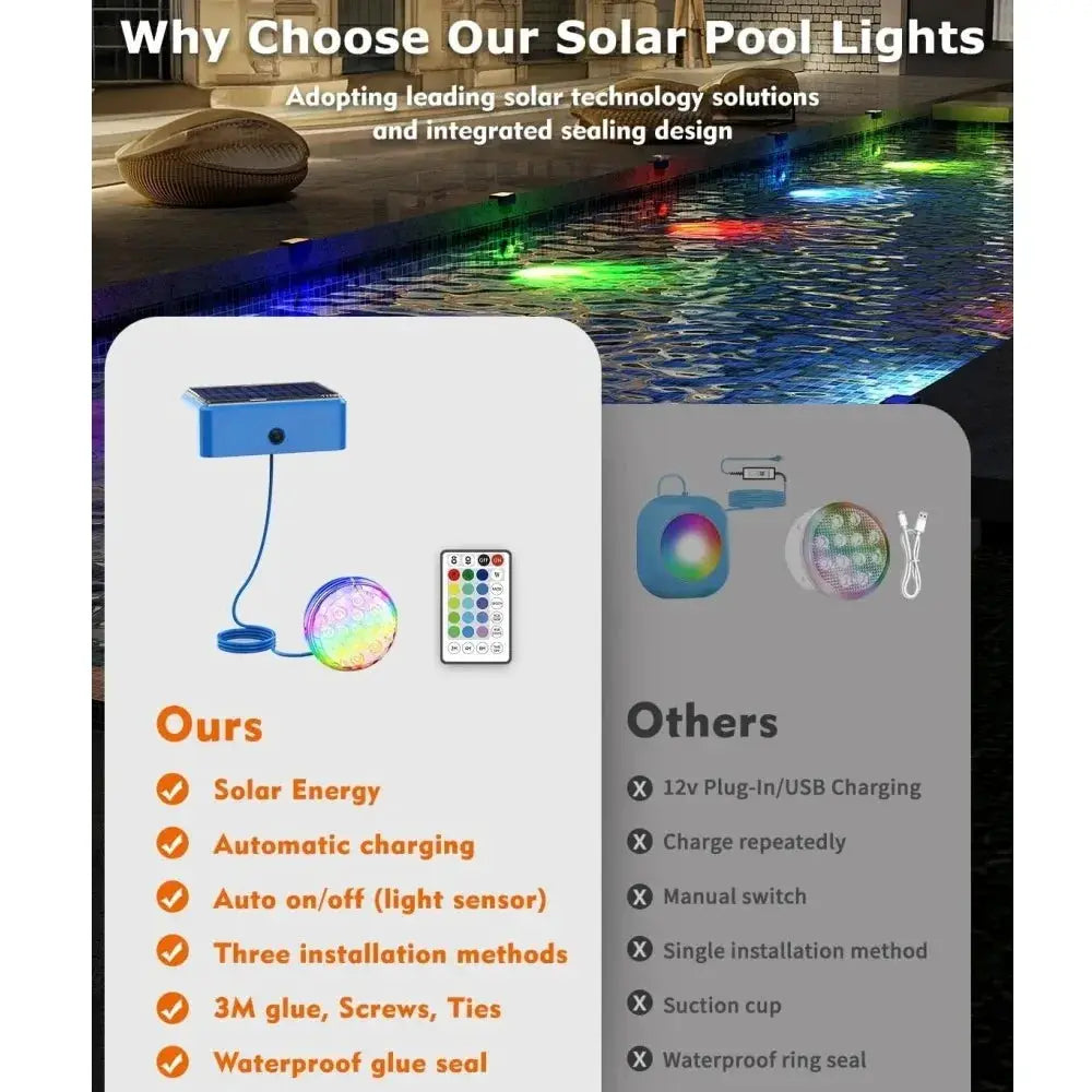 Solar RGB Swimming Pool Underwater Lights IP68 Waterproof Lighting Remote Control Brightness Levels Timer for Pond Pool Lights from PriceLows™