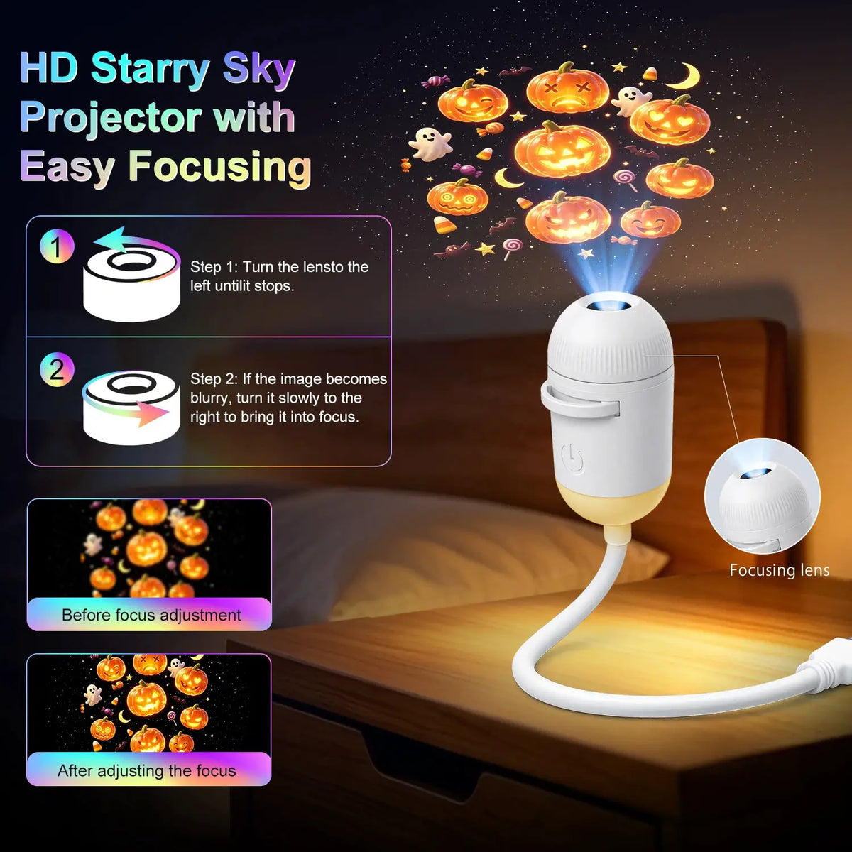 Halloween Projector Night Lamp | 12-in-1 LED Patterns | USB Powered | Wall & Car Decor