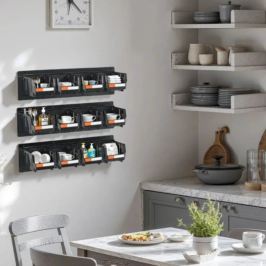 Wall Mounted Storage Bins 12 Plastic Bins with 3 Metal Rails Black Stackable Hanging Organizer for Screws Nuts Bolts Nails Hard from PriceLows™