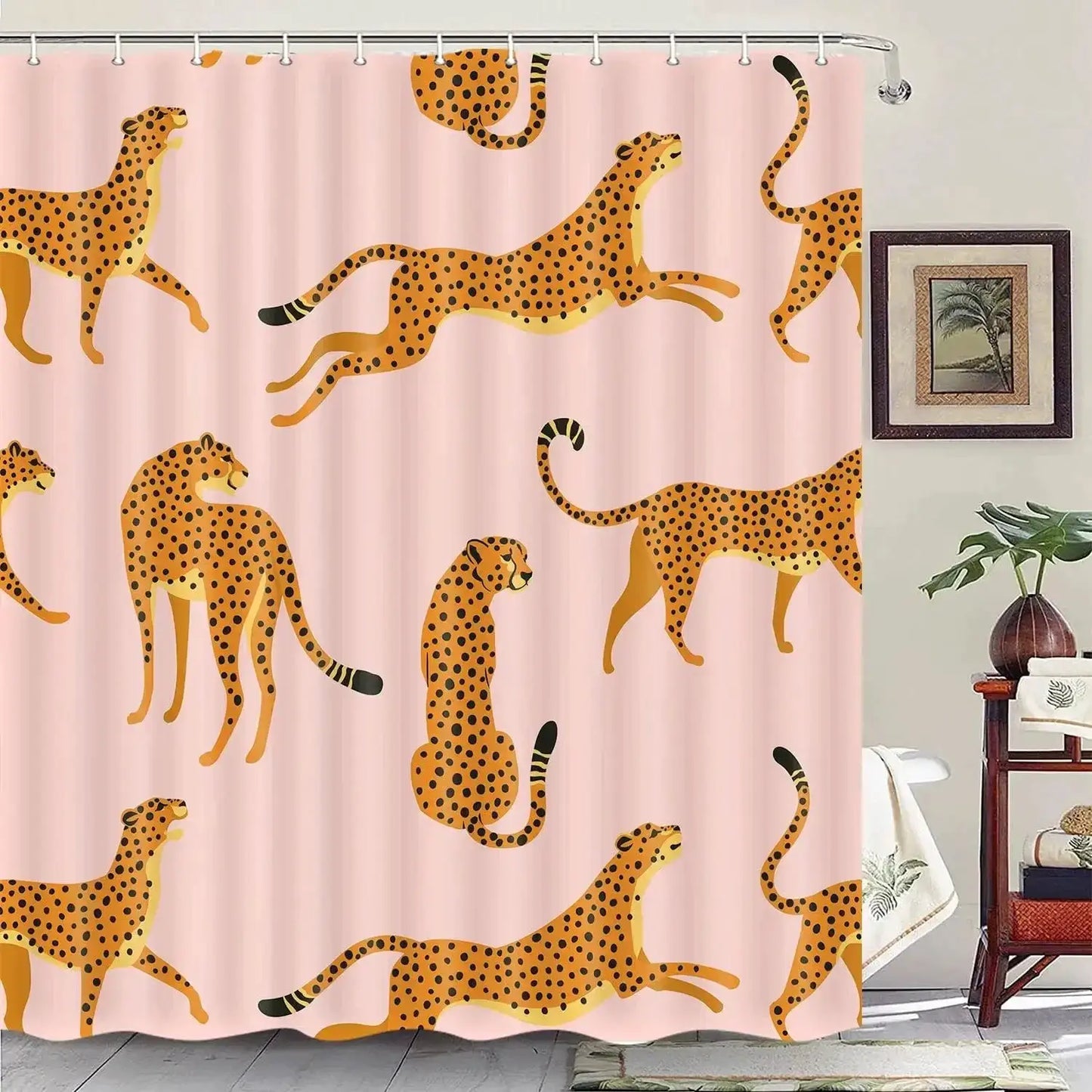 leopard fabric shower curtain, tropical animal cheetah shower curtain for bathroom, pink with hook 180X180CM from PriceLows™