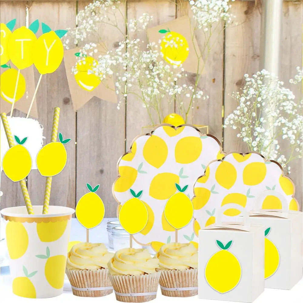 Lemon Disposable Party Tableware Set | Brown Paper Cups Plates Cake Toppers