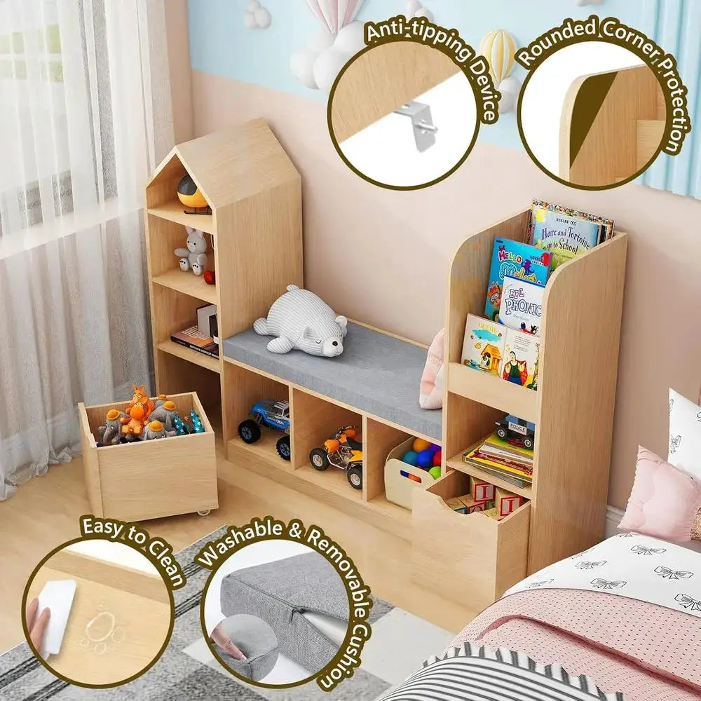 Children's Oak Bookcase with Reading Nook, 7 Storage Shelves & 2 Movable Stools, Seat Cushion or Toy Storage for Bedroom from PriceLows™