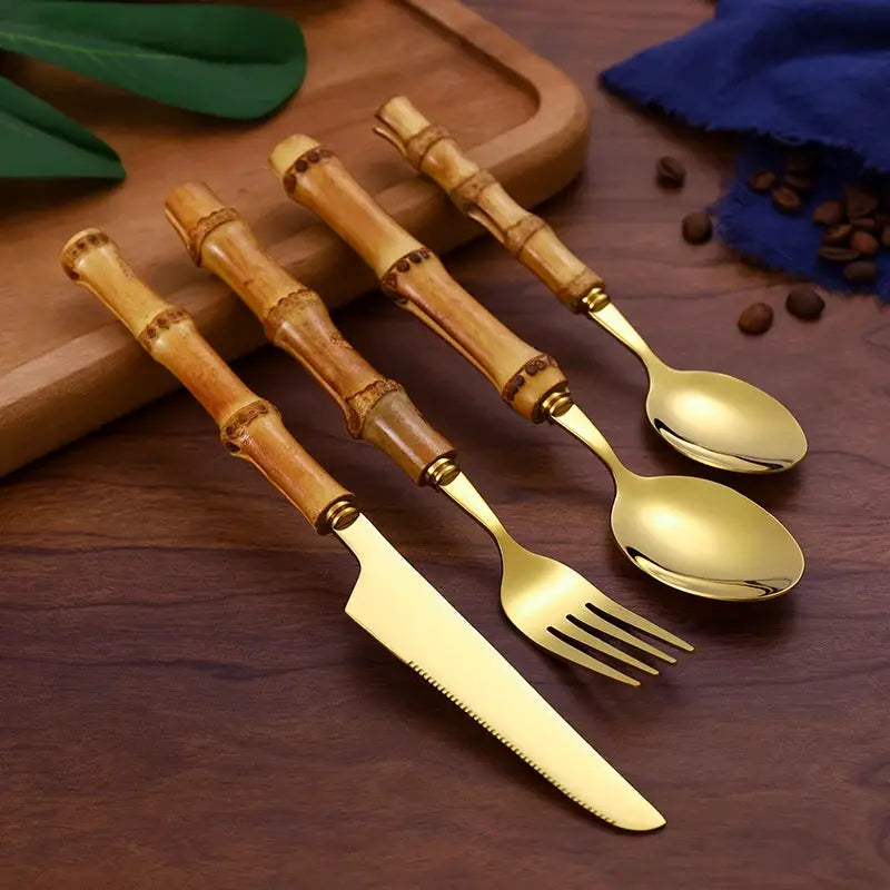 24Pcs Dinnerware Sets Original Nature Bamboo Handle Cutlery Stainless Steel Knife Fork Spoon Purely Natural Bamboo Tableware Set from PriceLows™