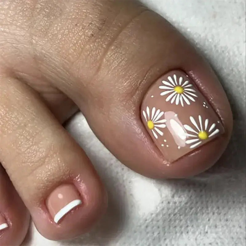 Press On Toe Nails | French Tip | Rhinestone Heart | 24 Piece Set