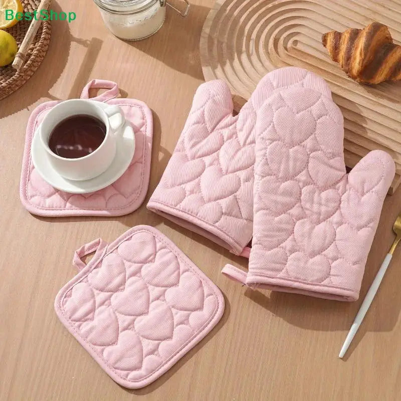 Kitchen Set | Pink Heart Quilted | Heat Resistant Cotton | 2 Mitts and 2 Holders