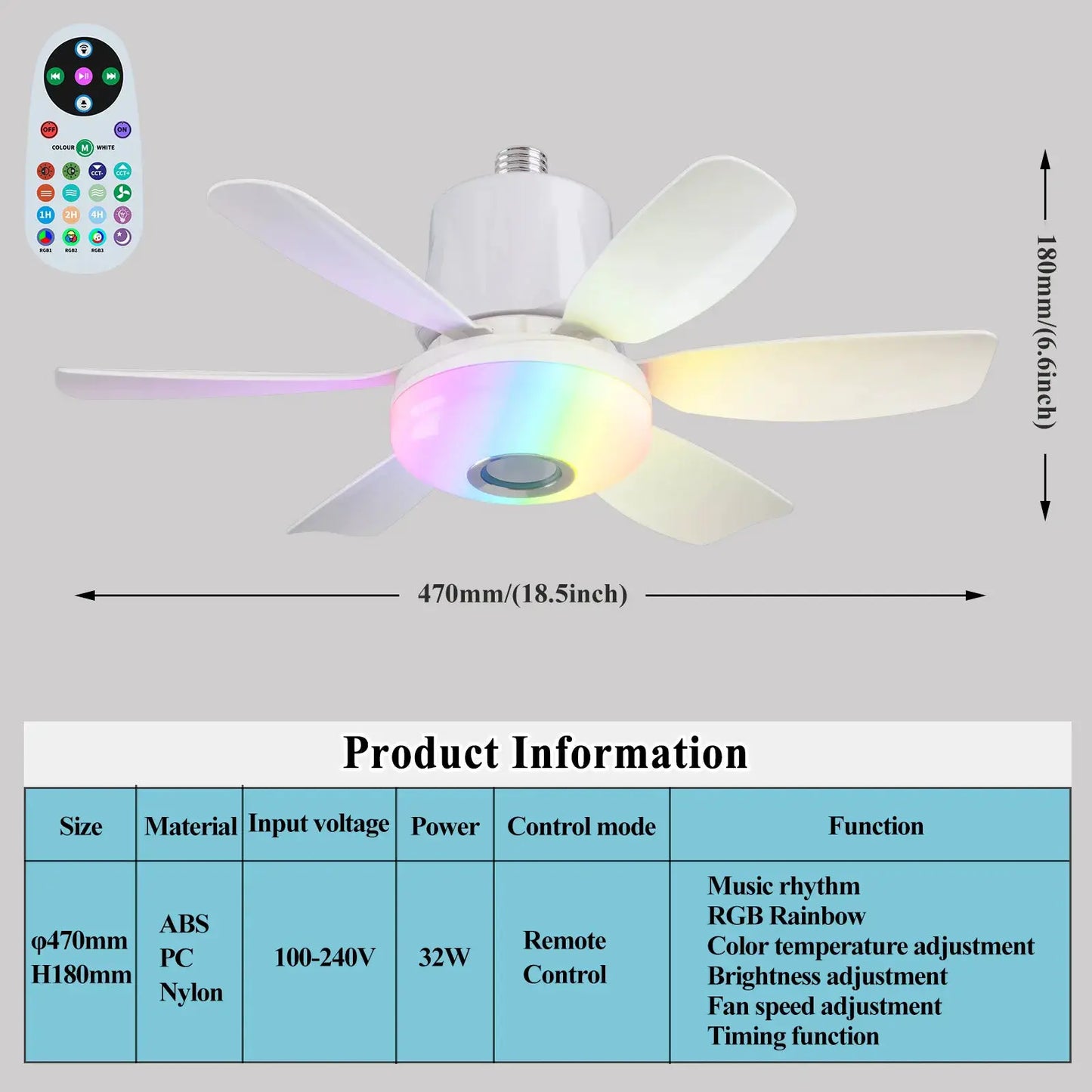 Ceiling Fan | E27 Base | RGB LED Light Bluetooth Speaker
