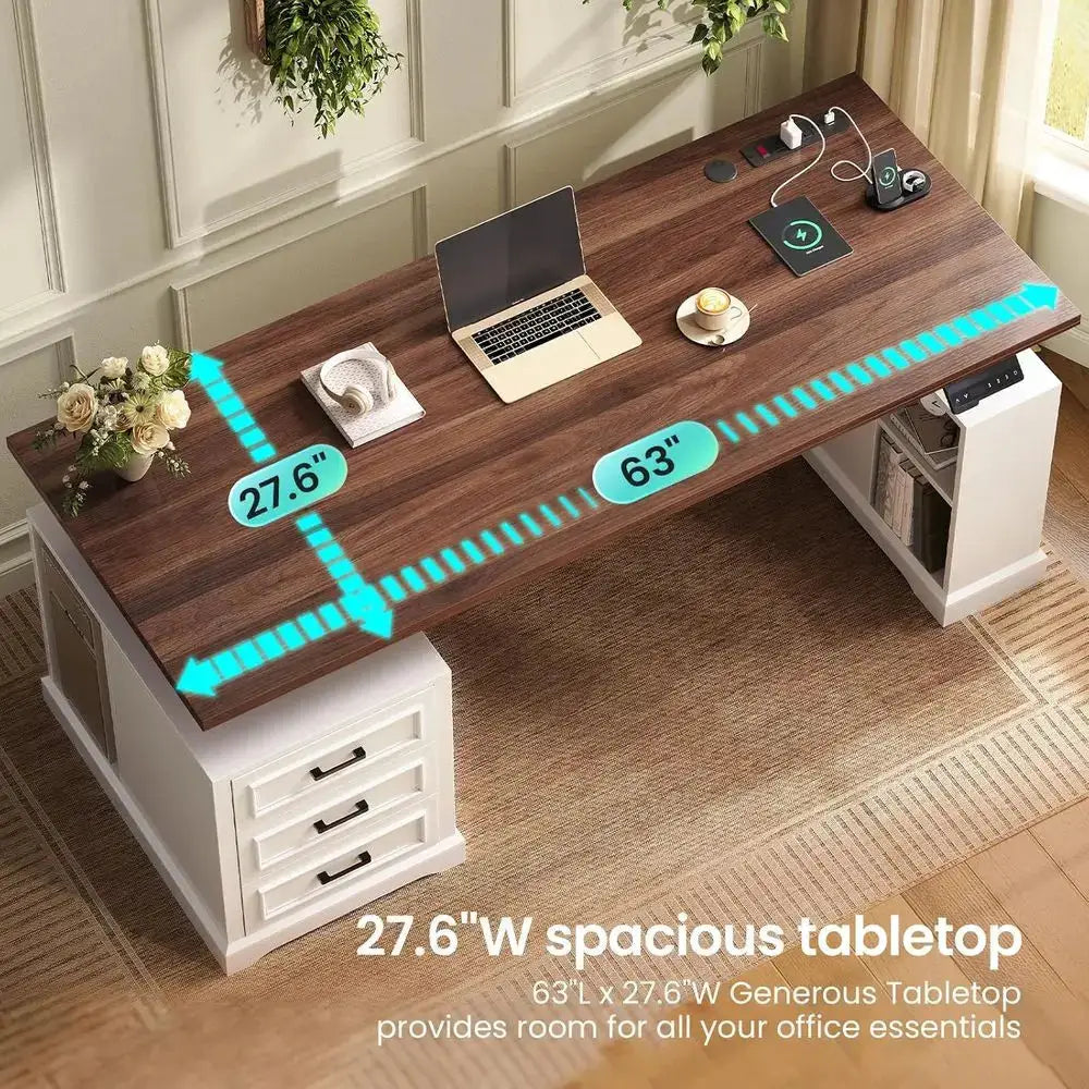 63 Adjustable Electric Standing Desk with 3 Drawers, Shelves, Power Outlets, White Wooden Office Desk for Home Use from PriceLows™