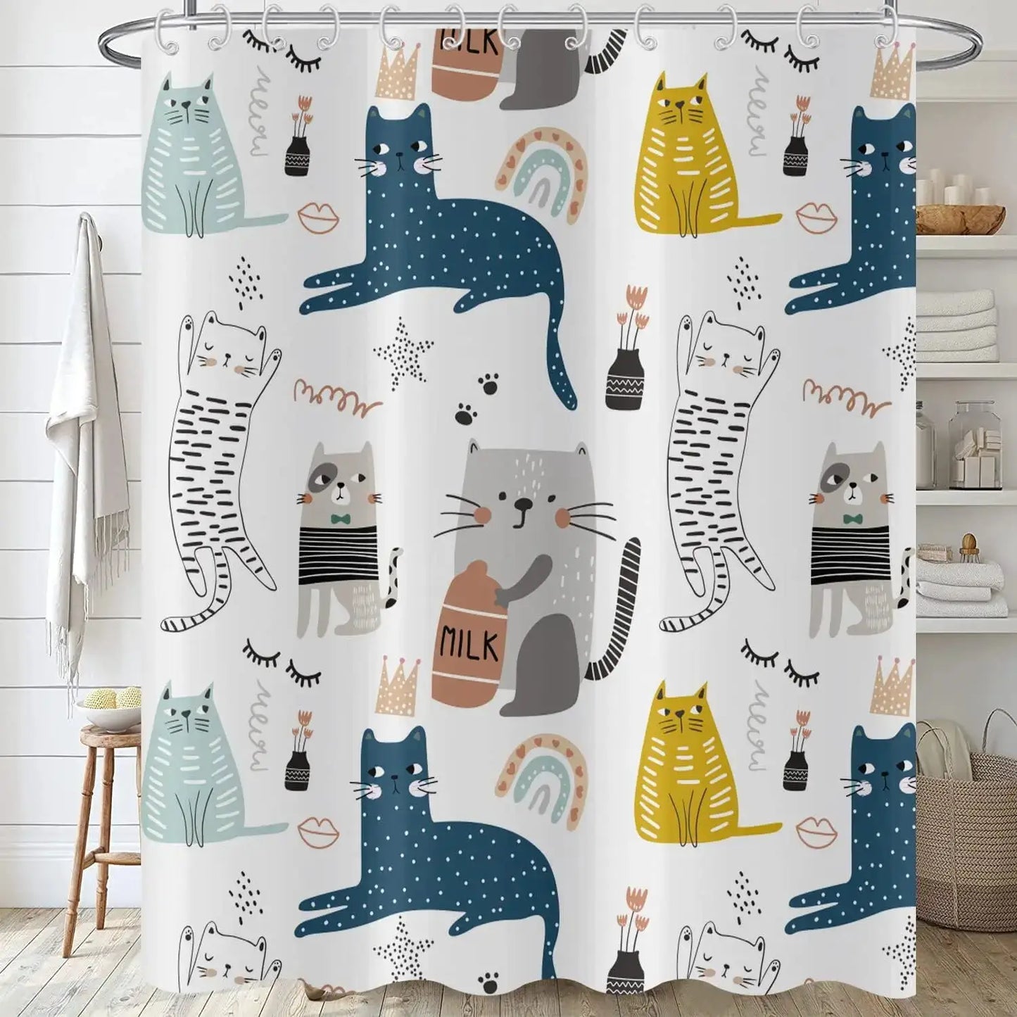 Cute Cat Blue Children Shower Curtain Waterproof Washable Polyester Material Bathroom Decorative Curtain with Hook from PriceLows™