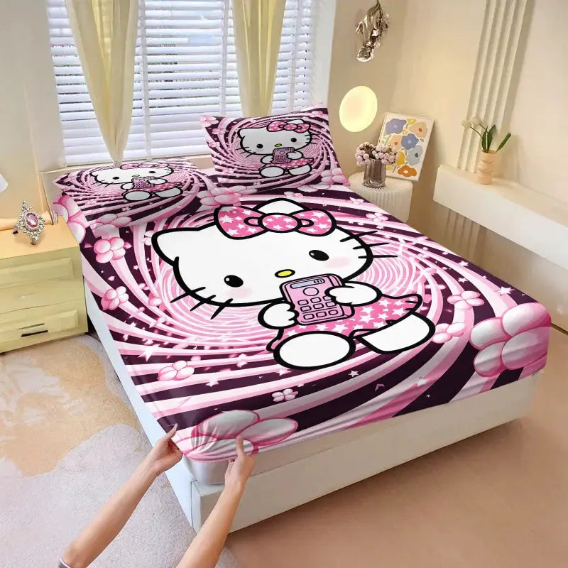 3Pcs Hello Kitty Fitted Sheet Set Purple Glitter Print with Pillowcases Cute Cartoon Fitted Sheet Set for Girls Bedroom Decor from PriceLows™