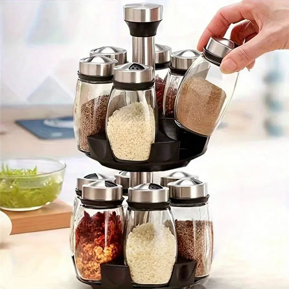 Spice Jar Set | Rotating 360 Degree Glass Jars | Kitchen Storage Rack | 1 Set
