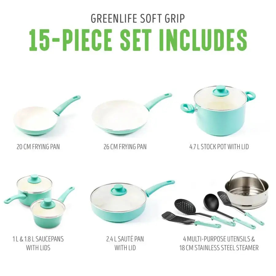 Soft Grip Healthy Ceramic Nonstick, 15 Piece Cookware Pots and Pans Set, Induction, PFASFree, Dishwasher Safe, Turquoise from PriceLows™