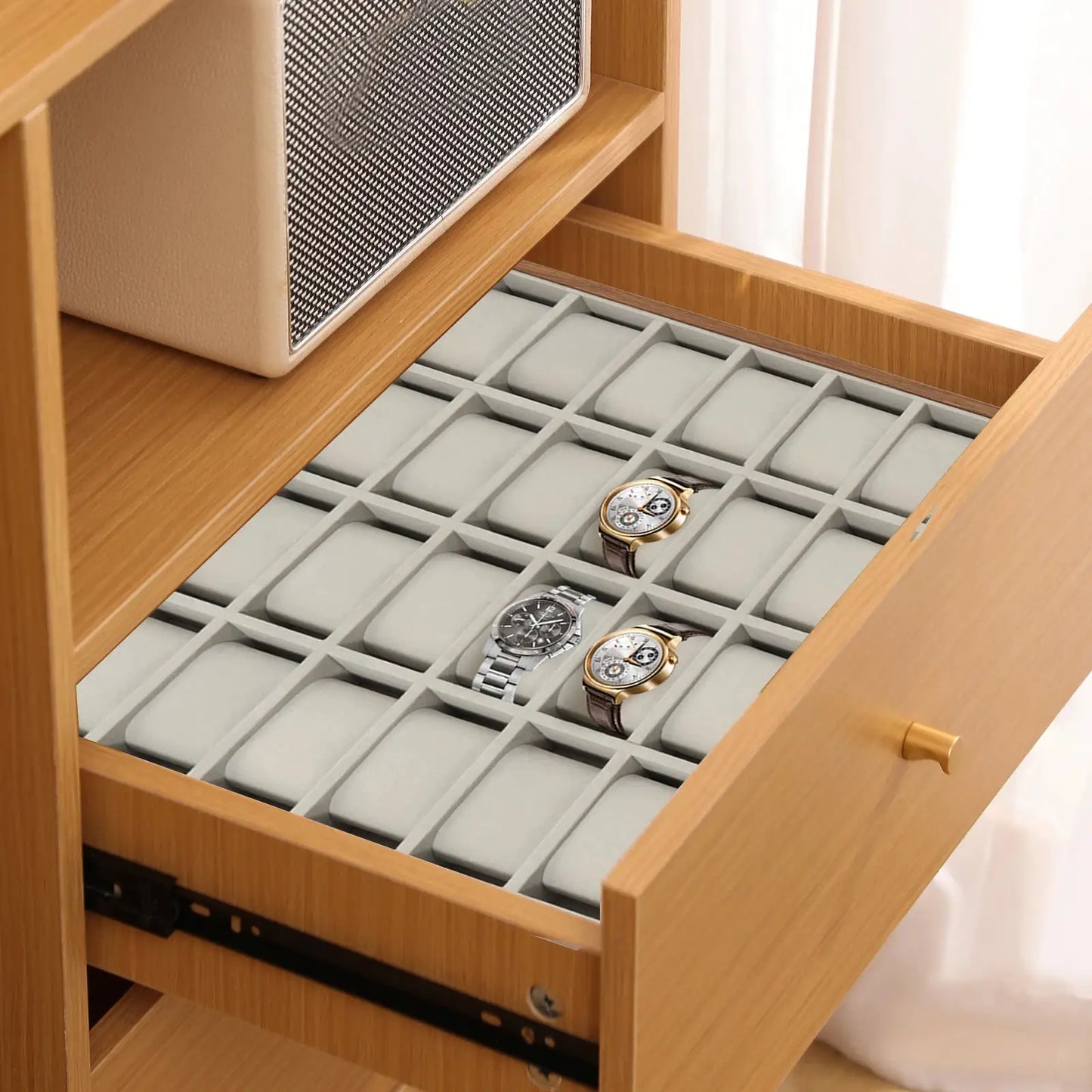 Elegant 24 Slot Watch Box with Removable Pillows, Wood Veneer Jewelry Organizer Display Case for Bracelets, Earrings, Necklaces from PriceLows™