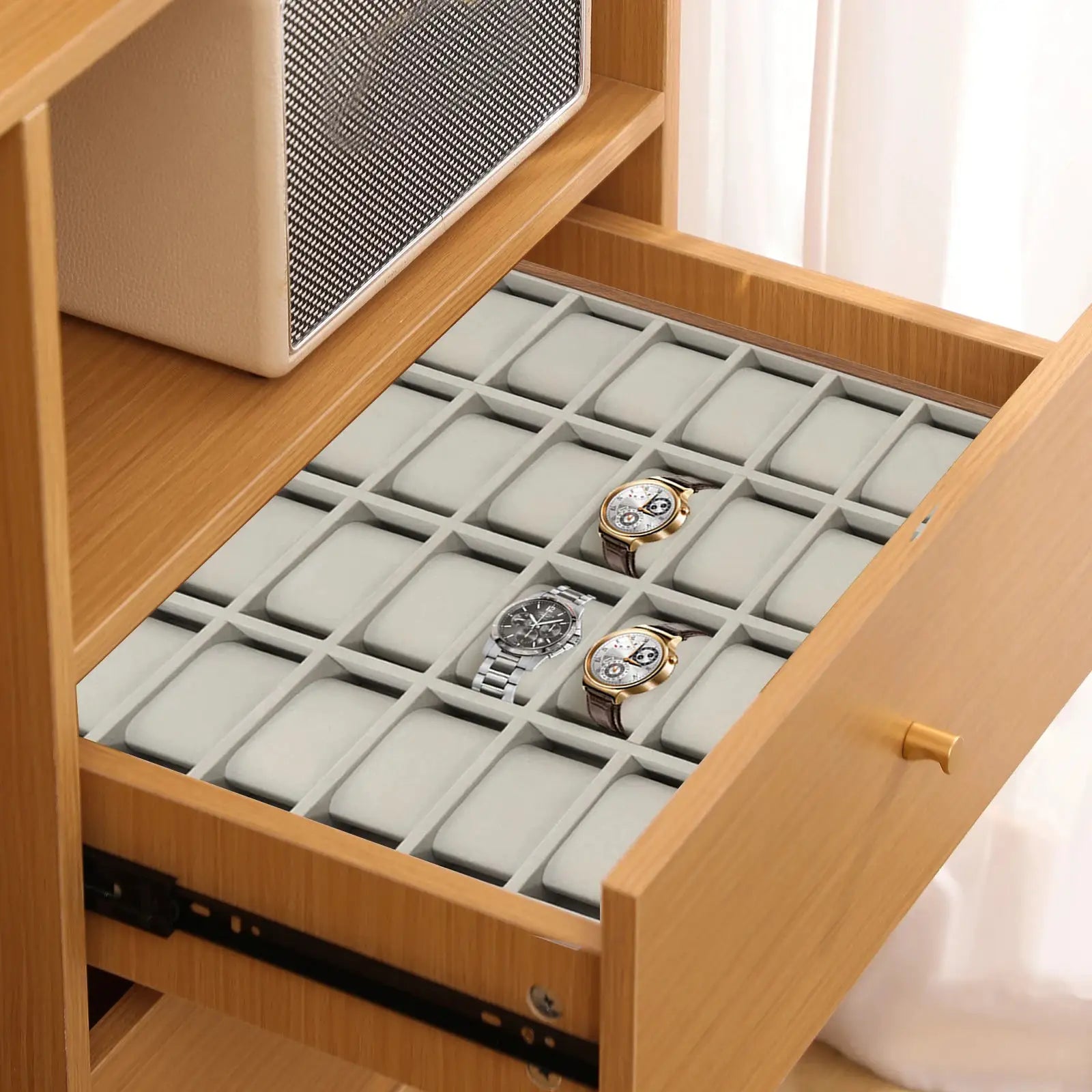 Elegant 24 Slot Watch Box with Removable Pillows, Wood Veneer Jewelry Organizer Display Case for Bracelets, Earrings, Necklaces from PriceLows™