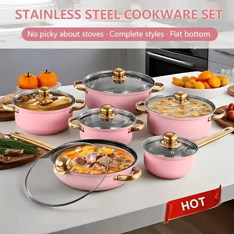 us10/12pcs Stainless Steel Cookware Set - Non-Stick Frying Pan, Stockpot And Milk Pot with Lid - Multi-Functional Kitchen Essentials, No Charging, No Batteries, Oranged from PriceLows™