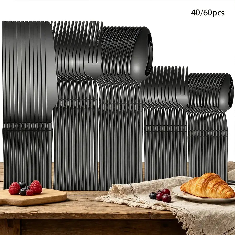 40/60-piece black stainless steel cutlery set, mirror polished, including dinner forks, steak knives, and soup spoons, suitable from PriceLows™