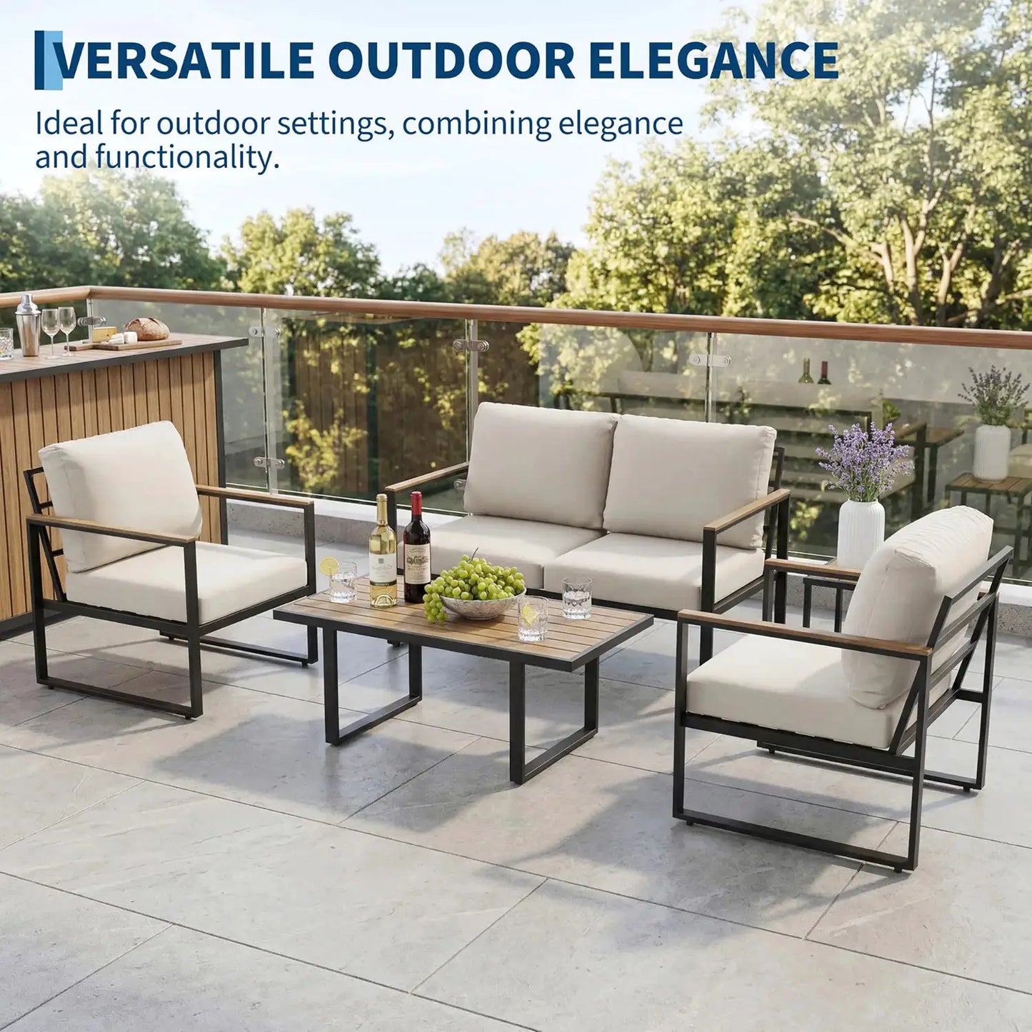 Modern 4-Piece Patio Furniture Set Outdoor Conversation Sectional Sofa With Coffee Table Thick Washable Cushions For Lawn Deck from PriceLows™