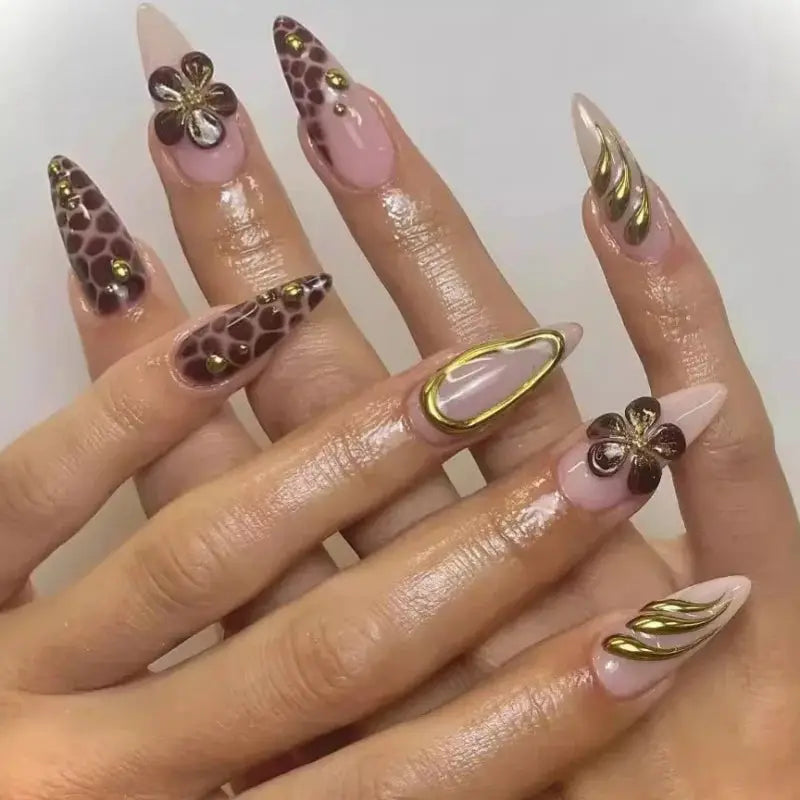 Almond Press On Nails | Acrylic Finish | Pearl Flower Design | 24 Piece Set