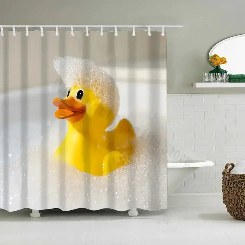 Cute Little Yellow Duck Shower Curtain Cartoon Funny Smiley Face Bathroom Waterproof Bath Duck Fabric 12 Hooks Bathroom Decor from PriceLows™