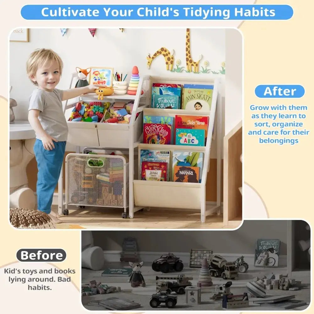 3-Tier Bookshelf with Toy Storage Bins and Drawer, White from PriceLows™