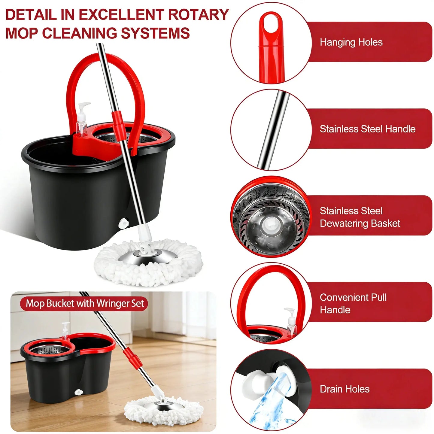 360° Spin Mop and Bucket Set, Self Wringing Floor Cleaning System with 3 Refill Heads, Adjustable Handle for Home Hard Floors from PriceLows™