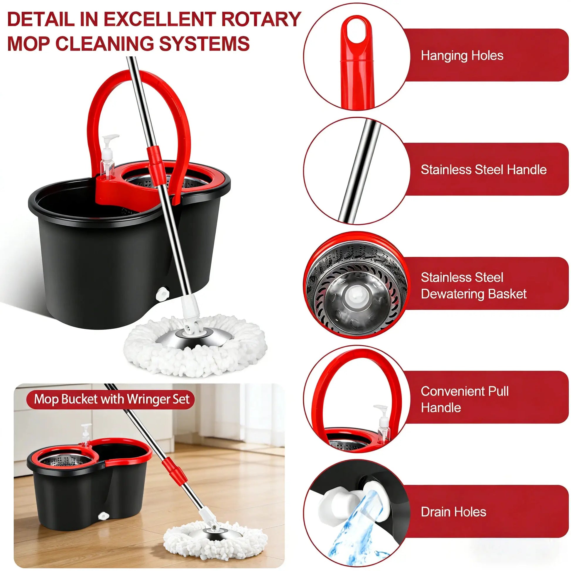 360° Spin Mop and Bucket Set, Self Wringing Floor Cleaning System with 3 Refill Heads, Adjustable Handle for Home Hard Floors from PriceLows™