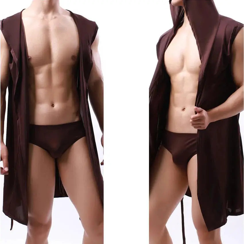 Men Hooded Bathrobe | Sleeveless Cut | Lightweight Mesh | Solid Pattern
