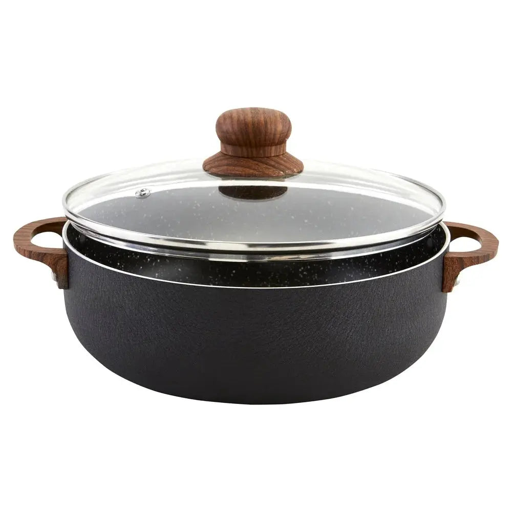 4.4qt Aluminum Nonstick Caldero with Glass Lid and Wood Look Handles Ideal Cooking Rice Stews Soups Sauces and More from PriceLows™