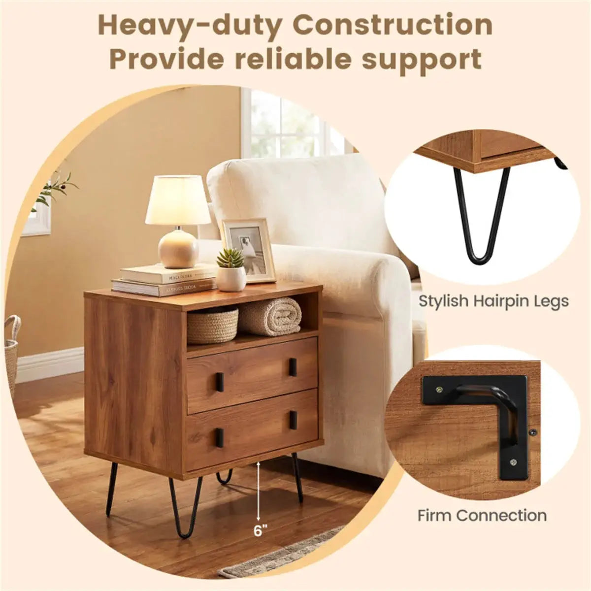 3-in-1 Bedroom Nightstand, Practical Side Table with 2 Drawers & Iron Legs from PriceLows™