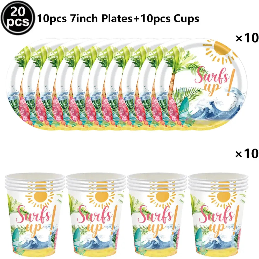 Surf Beach Party Tableware | Paper Plates Napkins Cups | Tattoos And Snack Tray