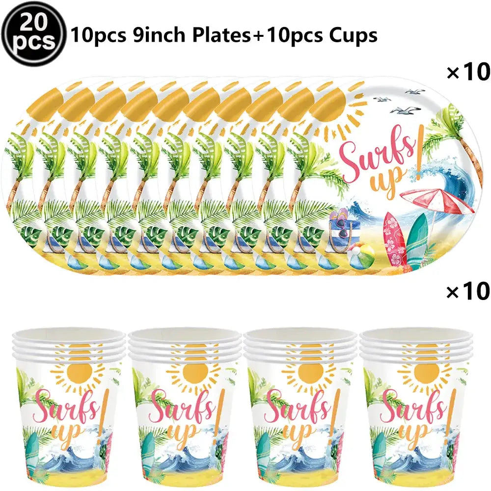 Surf Beach Party Tableware | Paper Plates Napkins Cups | Tattoos And Snack Tray