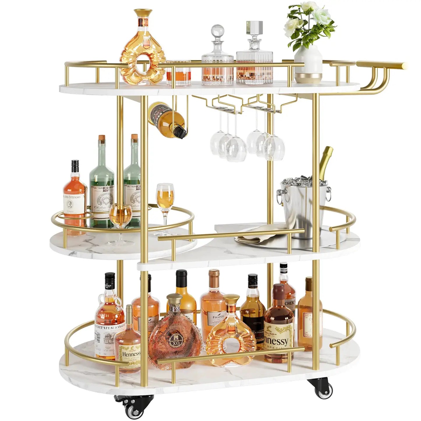Gold Bar Carts with 4-Tiers Storage Shelves Mobile Bar Seving Carts On Wheels with Wine Rack and Glass Holder for Kitchen from PriceLows™