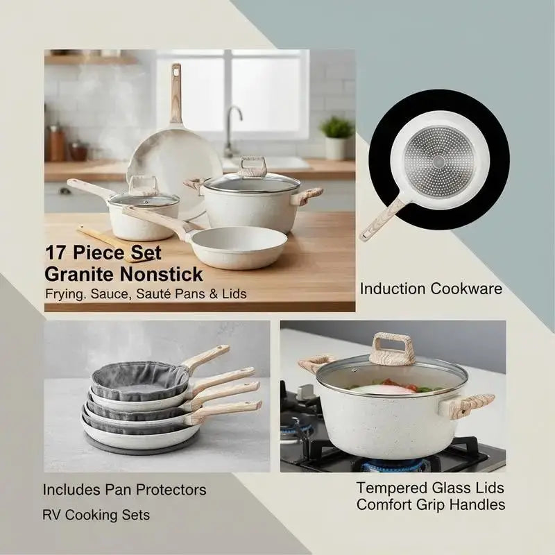 17 Piece Pots and Pans Set, Granite Nonstick Cookware Set, Induction Cookwares, Kitchen RV Cooking Sets with Frying, Sauce, Saute, Tempered Glass Lids, and Pan Protectors, White from PriceLows™