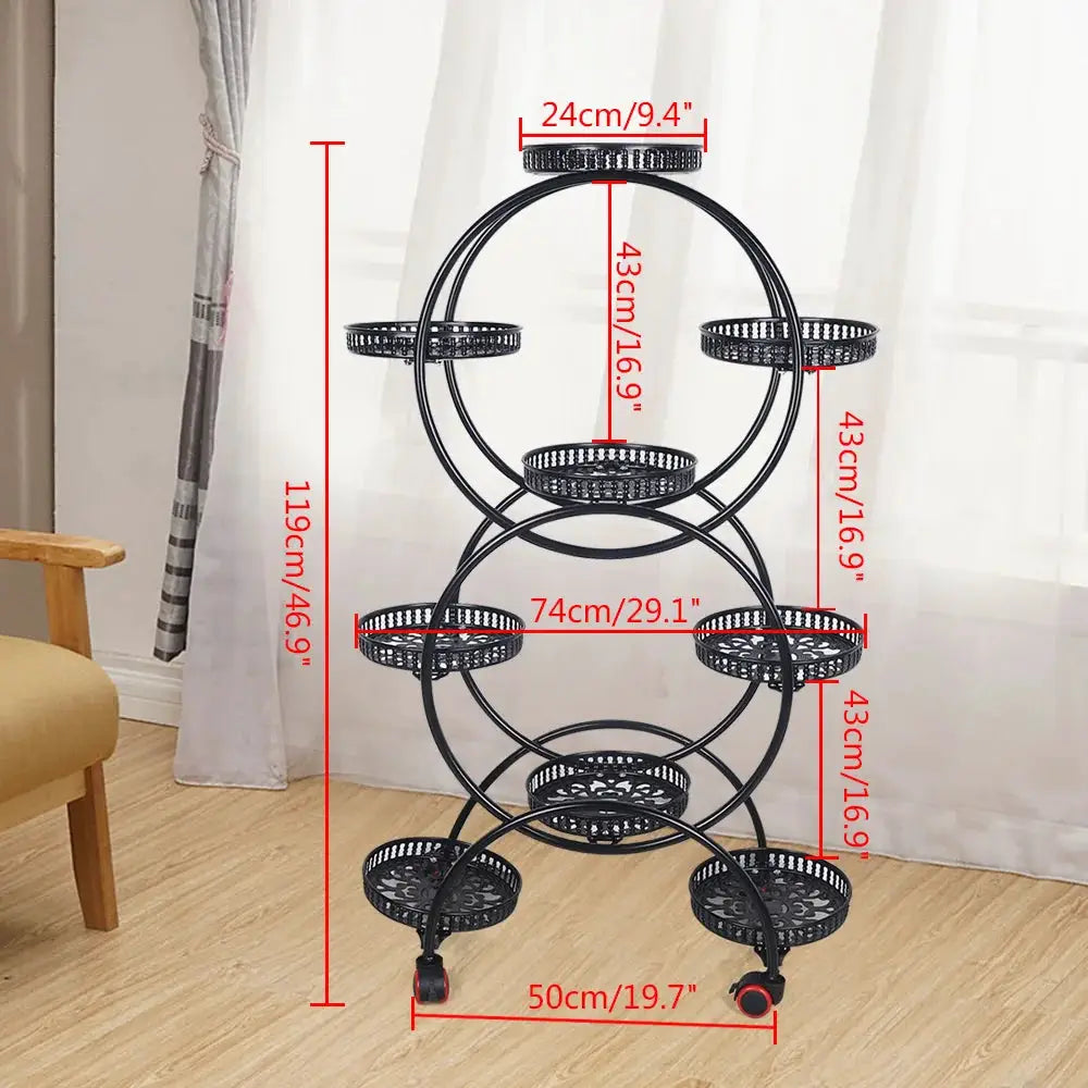 9-Tray Metal Plant Stand Rack Black Flower Pot Holder with Wheels Indoor Outdoor Black Flower Pot Holder from PriceLows™