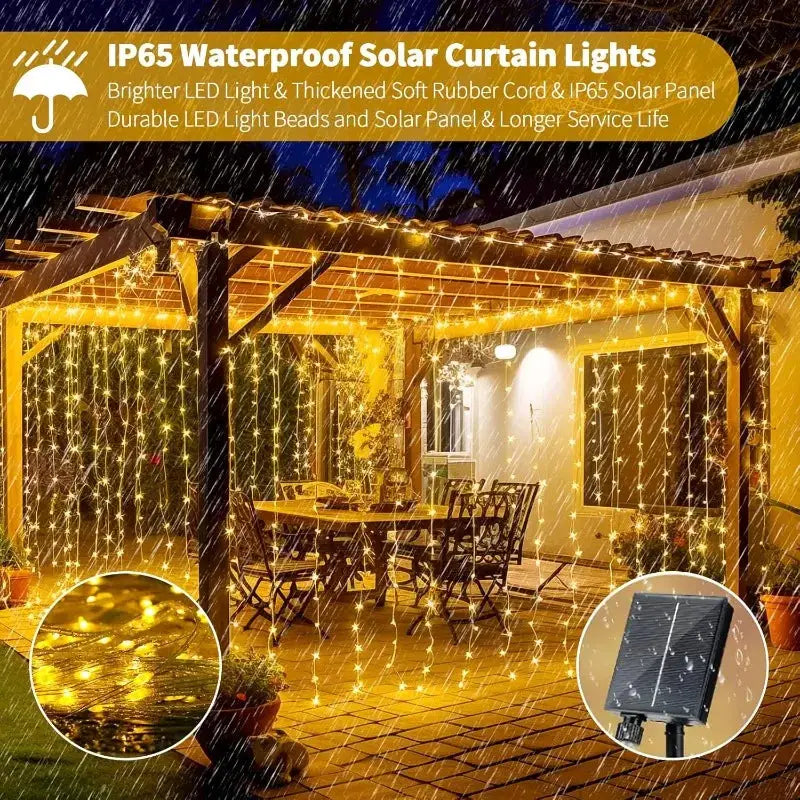 Solar Outdoor Curtain Lights | 300 LED Bulbs | 3x3 Meter Size | IP65 Protection