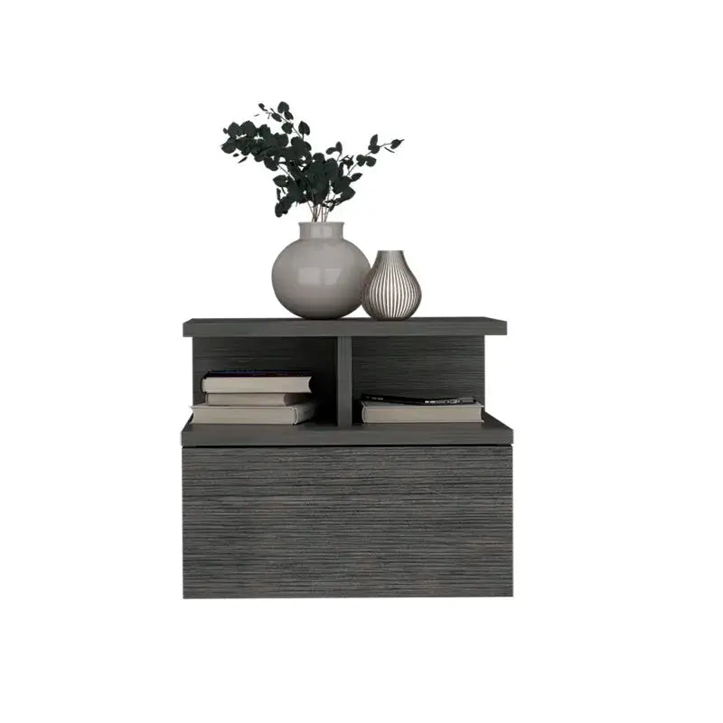 Floating Nightstand 12"H, Wall Mounted with Single Drawer and 2-Tier Shelf, Smokey Oak from PriceLows™
