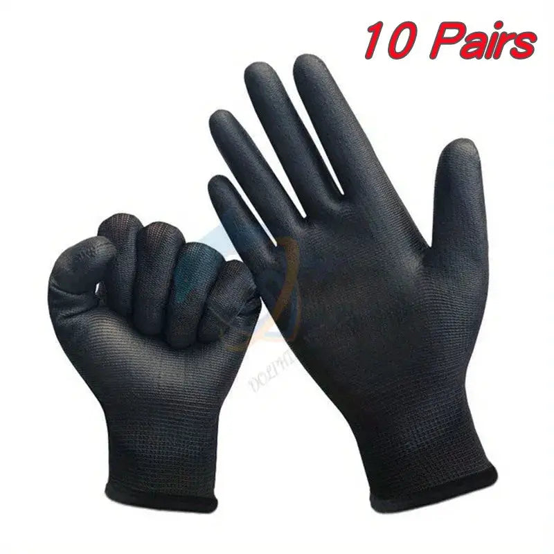 Durable Safety Gloves | Black Anti-Slip | Polyurethane Coated | 10 Pair Pack
