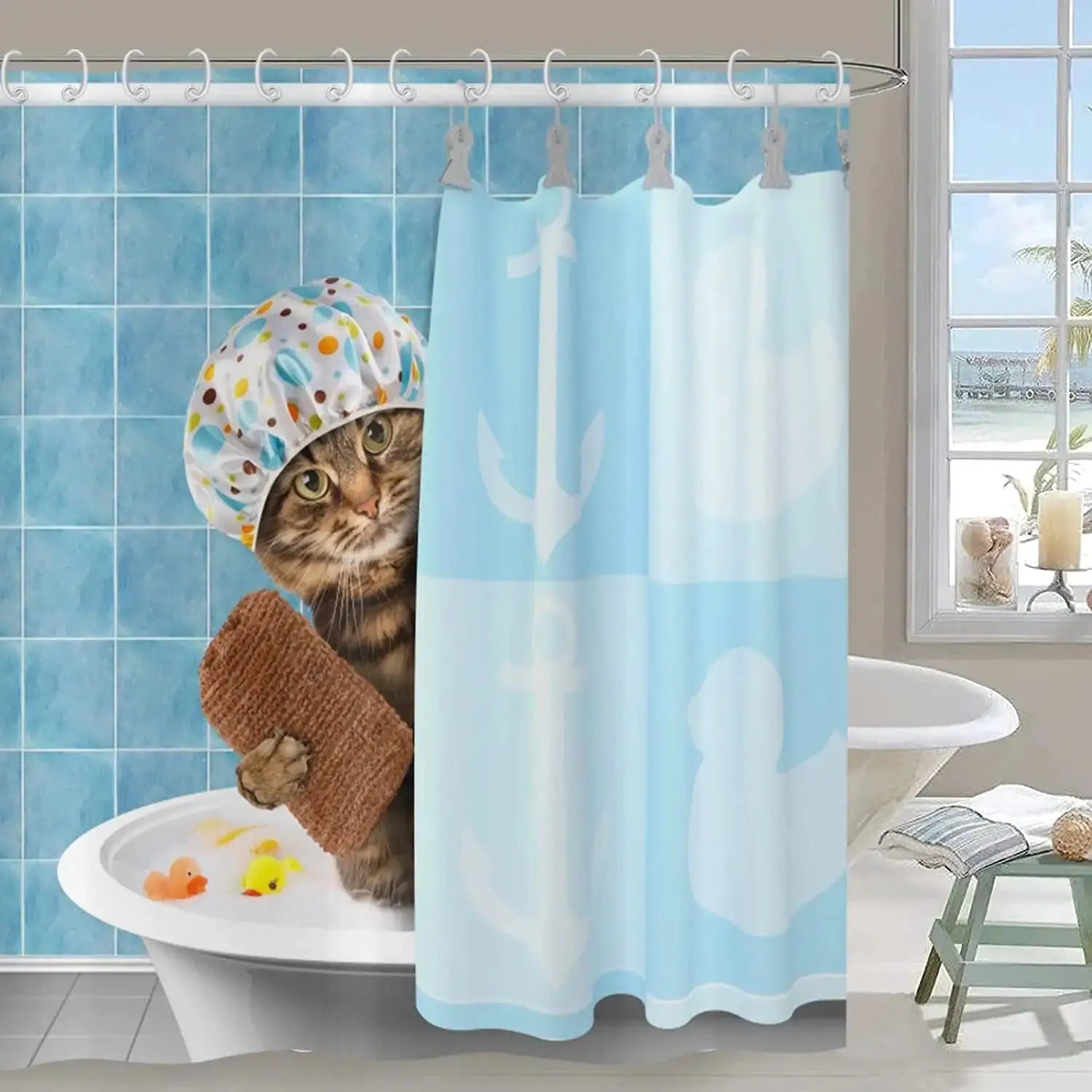 Cute Cat Blue Children Shower Curtain Waterproof Washable Polyester Material Bathroom Decorative Curtain with Hook from PriceLows™