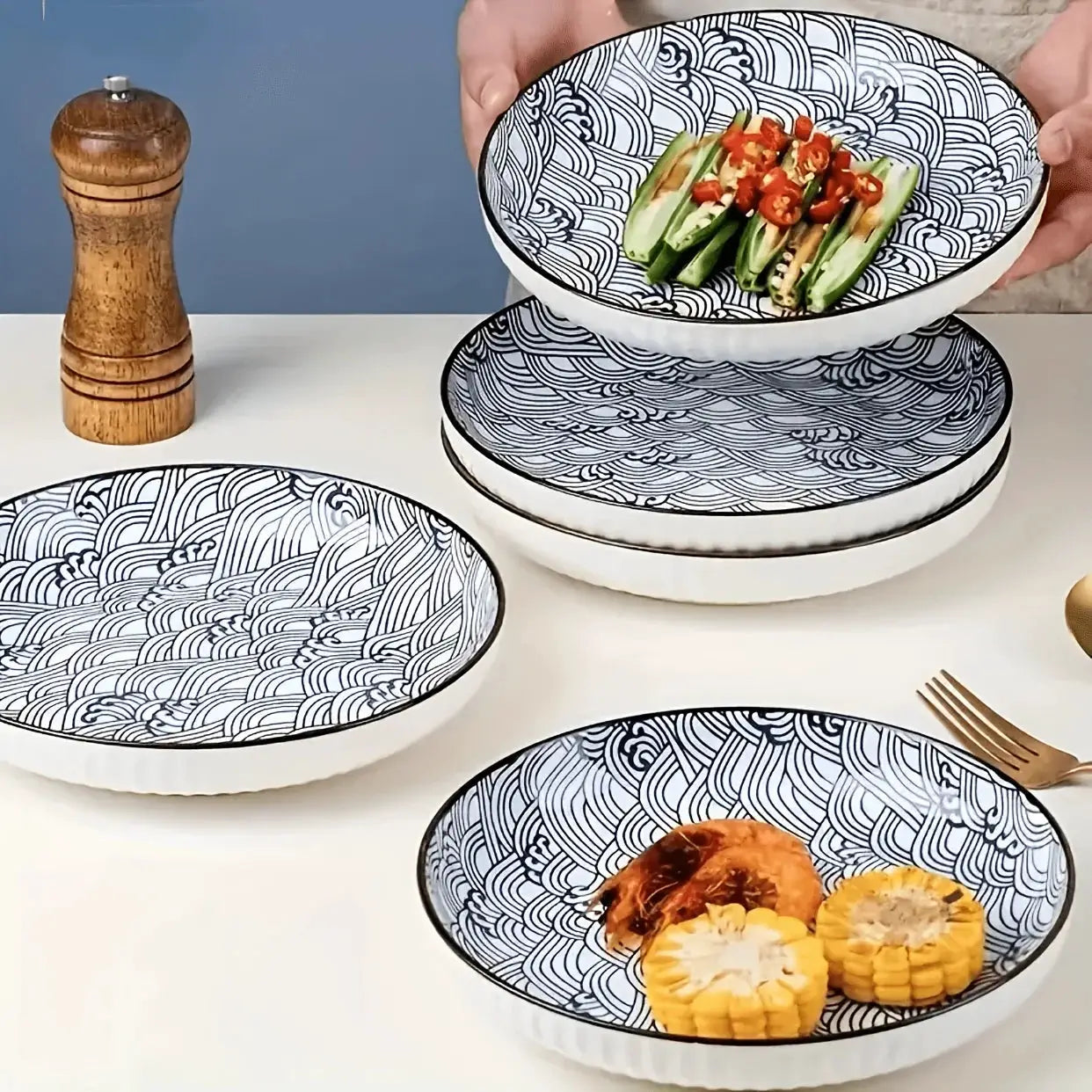 6pcs Japanese Ceramic Plates - 8-inch Round Blue & White Dinnerware, Heat-Resistant Microwave & Dishwasher Safe Suitable for Salads, Sushi, Pasta, Desserts, Elegant Suitable for Home Kitchen or Restaurant Use from PriceLows™