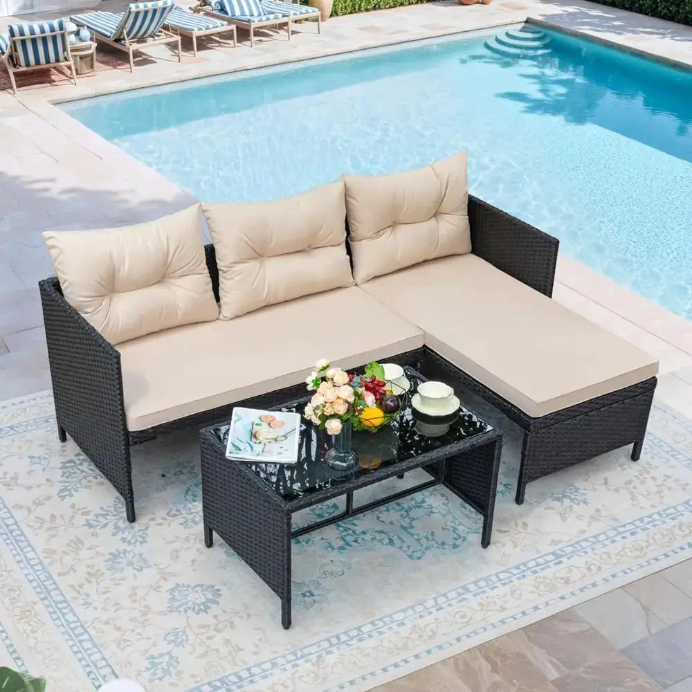 Light Beige Outdoor Wicker Sectional Sofa Set with Cushions and Coffee Table for Patio, Garden, Porch, Poolside from PriceLows™