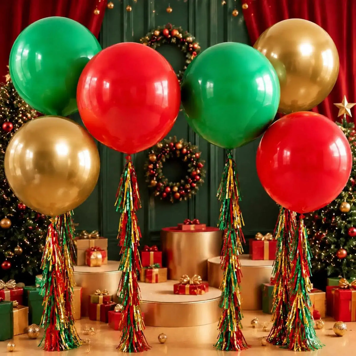 Christmas Giant Balloons | 36 Inch Latex | Tassel Tails | 6 Piece Set