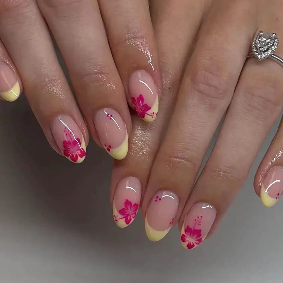Short Almond Press On Nails | Pink Floral French | Reusable Full Cover | 24 Pcs